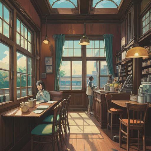 A serene café scene, a bewildered customer looking at a wrong order, bright sunlight pouring through the window, subtle vibrations of energy in the atmosphere, symbols of good fortune in the background, an aura of positivity surrounding the moment, warm and welcoming environment, soft focus on the details, 4k