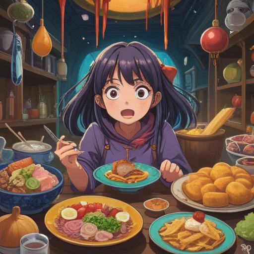 A whimsical scene depicting a character surprised by a mix-up in their order, colorful plates of food scattered, the character holding a menu with a puzzled expression, lucky number 7 prominently featured in the background, lighthearted atmosphere, playful details, vibrant colors, humorous composition, 4k