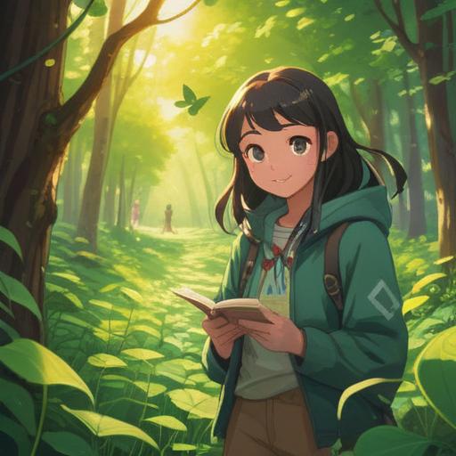 A serene outdoor scene, soft sunlight filtering through leaves, a person smiling as they find a four-leaf clover, birds chirping in the background, vibrant wildflowers swaying in the breeze, warm and cheerful atmosphere, subtle moments of joy in everyday life, 4k