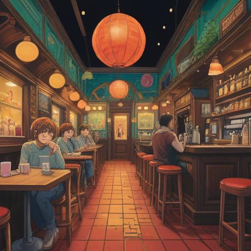 A whimsical illustration depicting a café scene, a surprised customer looking at their incorrect order, vibrant colors, mystical symbols in the air, ethereal light shining down, moment of realization, spiritual aura surrounding the scene, engaging character expressions, serene atmosphere, 4k