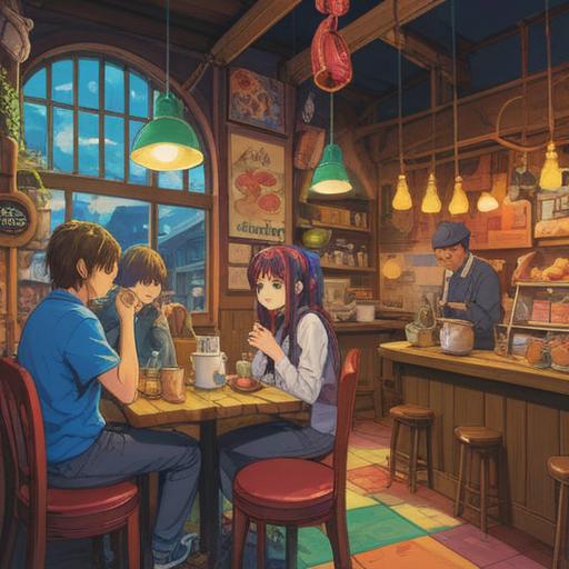 A whimsical scene depicting a chaotic café setting, a surprised customer discovering an unexpected dish, vibrant colors, charming illustrations of various lucky charms surrounding the scene, playful expressions on the characters' faces, humorous elements like a lucky cat and four-leaf clover, cozy atmosphere, intricate details of the café interior, 4k