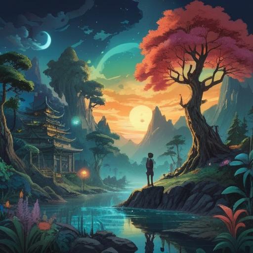 A mystical illustration representing the spiritual meaning of inverted day and night cycles, dreamlike landscapes, interplay of light and shadow, symbolic imagery of time distortion, serene night sky with vibrant stars, a meditative figure in a tranquil pose, ethereal colors blending, 4k