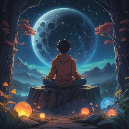 A serene night scene representing the concept of spiritual awakening, a person meditating under a starry sky, glowing celestial bodies surrounding them, subtle aura of enlightenment, balance between night and day, soft light illuminating the figure, tranquil atmosphere, symbolizing transformation and inner peace, 4k