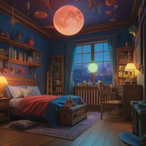 A whimsical and motivational scene depicting a colorful room with various lucky items to reset the day-night cycle, a glowing moon lamp casting a soft light, a journal with notes and dreams, natural light streaming through the window, a cozy bed inviting restoration, plants symbolizing growth and renewal, an energizing atmosphere, magical realism elements, bright and uplifting color palette, 4k