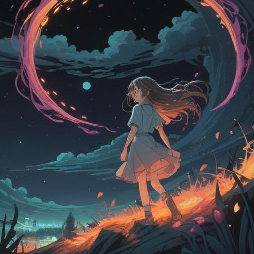 A surreal illustration of a person experiencing the shift between day and night, luminous energy flowing around them, symbolic representations of time and consciousness, contrasting light and dark elements, a cosmic landscape filled with stars and celestial bodies, dreamlike atmosphere, spiritual awakening, 4k