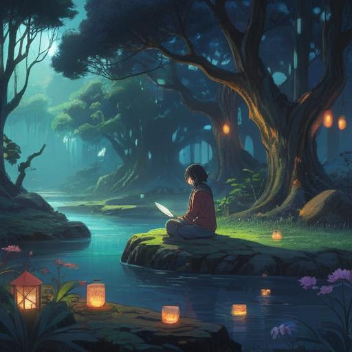 A surreal scene depicting the transition between day and night, ethereal lights and shadows, a character in meditation, surrounded by nature, animals representing intuition and guidance, celestial elements in the sky, peaceful atmosphere, vibrant colors, 4k