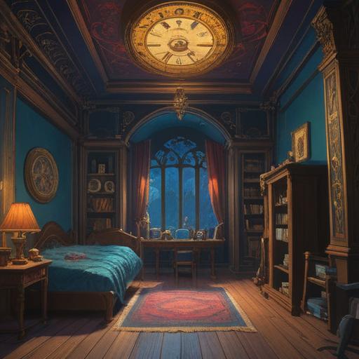 A mystical scene depicting the spiritual signs to watch for during inverted day-night cycles, a dimly lit room with a clock showing unusual hours, ethereal glow surrounding various objects, subtle symbols representing intuition and dreams, calming colors enhancing the spiritual atmosphere, intricate details of shadows and light playing on the walls, a figure meditating, 4k