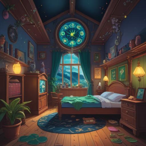 A whimsical illustration of a dreamlike room, clock with reversed day and night settings, lucky charms like a four-leaf clover and a lucky cat, bright sunlight on one side and starry night on the other, soothing color palette, magical atmosphere, cozy and inviting design, depicting balance and harmony, 4k