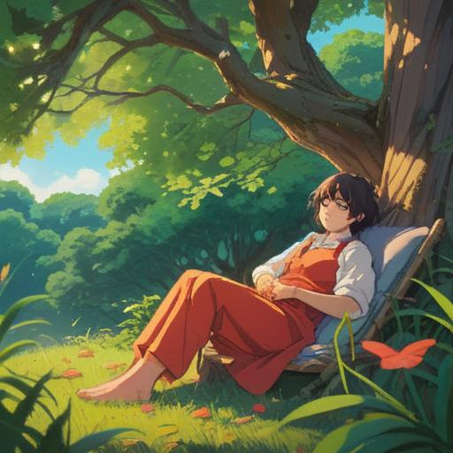 A serene daytime scene depicting a person lounging peacefully under a tree, soft sunlight filtering through the leaves, a gentle breeze swelling the atmosphere, dreamy expressions on the face of the character, symbolic elements representing spiritual awakening and tranquility, harmonious colors, a sense of calm and restfulness, 4k