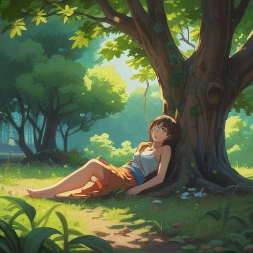A serene daytime scene depicting a person resting under a large tree, dappled sunlight filtering through the leaves, a gentle breeze causing the grass to sway, soft and dreamy expressions on their face, hints of ethereal light surrounding them, symbolizing spiritual awakening, a calming atmosphere, reflective mood, 4k