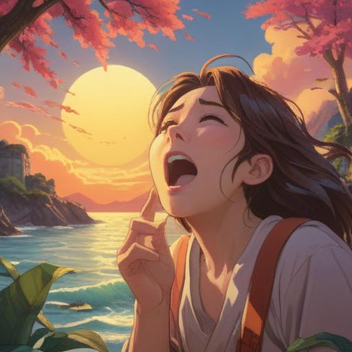 A serene daytime scene depicting a person yawning under a bright sun, surrounded by nature, ethereal glow, gentle waves of energy, soft breeze, butterflies fluttering, representing spiritual signs, awareness of surroundings, peaceful and reflective mood, 4k