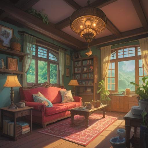 A cozy daylight scene, a whimsical charm of lucky items, a soft pillow, a steaming cup of herbal tea, a gentle sunlight filtering through a window, a feeling of tranquility and warmth, inviting ambiance, serene objects, a touch of magic, 4k