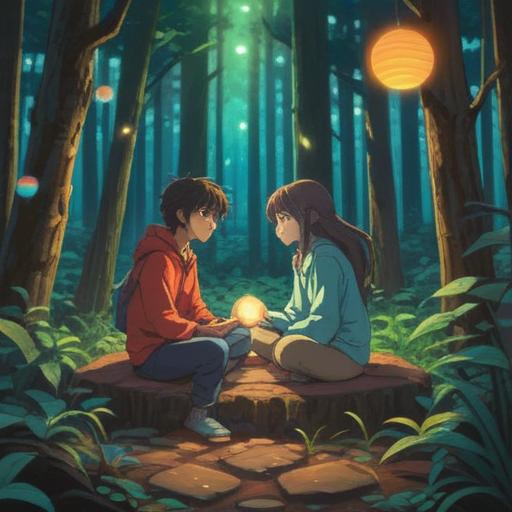 A serene and harmonious scene depicting two friends meditating together in a sunlit forest, surrounded by glowing orbs of light symbolizing spiritual connection, peaceful expressions, nature's beauty in the background, lush greenery, ethereal atmosphere, soft golden rays filtering through the trees, gentle breeze, 4k