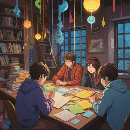 A vibrant, imaginative scene of friends brainstorming new ideas together, colorful sticky notes scattered around them, an energy of excitement and creativity in the air, diverse group of happy friends collaborating, cozy café atmosphere, warm lighting, detailed expressions showing enthusiasm and friendship, 4k