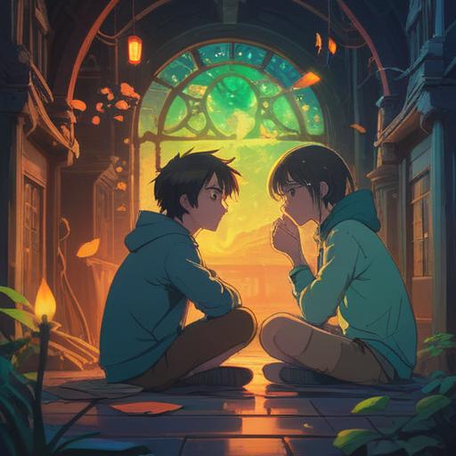 A serene scene depicting two friends sitting together, one looking contemplative while the other appears slightly distant, a soft glowing aura surrounding them, symbols of intuition and connection in the air, a gentle light illuminating their surroundings, mystical elements suggesting spiritual insight, harmonious colors blending to evoke a sense of understanding, 4k