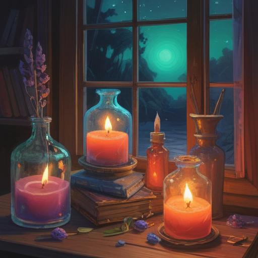A serene still life composition featuring an open bottle of aromatherapy oil, calming scents wafting through the air, a warm candle glowing softly, a cozy room setting, subtle hints of aromatic herbs like lavender and chamomile, inviting atmosphere, hints of friendship and healing, 4k