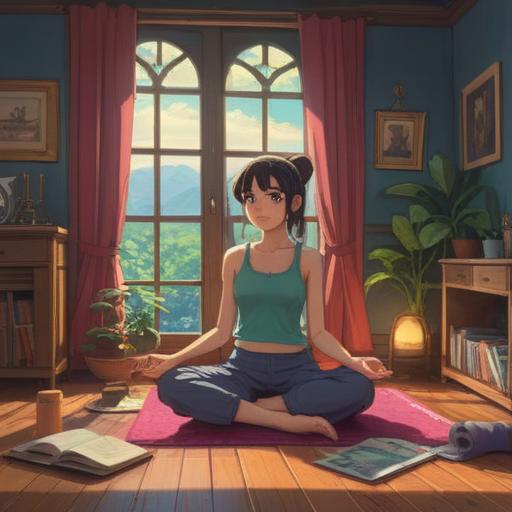 A serene scene of a cozy room filled with soft natural light, a person sitting cross-legged on a yoga mat, surrounded by colorful essential oil bottles, gentle smoke from a nearby incense burner, plants softly swaying in the background, a journal open beside them, a calming atmosphere of self-reflection, warm colors, peaceful expression, 4k