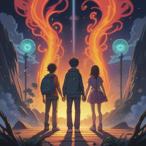 A serene, symbolic illustration of a group of friends standing together, one figure slightly apart, surrounded by a glowing aura, representing spiritual growth and self-discovery, vibrant colors, ethereal light, harmonious nature background, deep emotional connection, reflective expressions, 4k