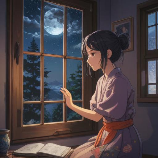 A serene and spiritual illustration depicting a person experiencing awakening in the middle of the night, soft beams of moonlight streaming through a window, ethereal glow surrounding the figure, symbols of enlightenment floating in the air, tranquil atmosphere, dreamlike quality, deep connection with the universe, 4k