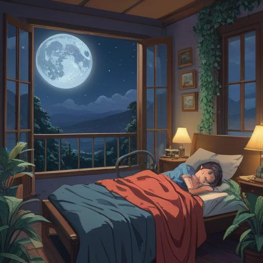 A serene night scene depicting a person peacefully waking up after a restful sleep, soft moonlight filtering through the window, vibrant plants symbolizing growth and renewal, engaging in a lucky action such as journaling or practicing gratitude, harmonious atmosphere, promoting positivity and mindfulness, gentle colors, inviting ambiance, 4k