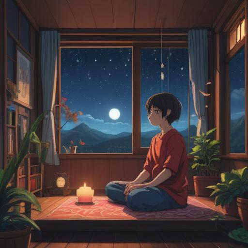 A serene night scene depicting a person peacefully meditating in a softly lit room, surrounded by gentle shadows, a window showing a starry sky, an emphasis on tranquility and inner reflection, warm candlelight illuminating motivational quotes on the walls, the character embodying a positive mindset, a sense of transformation and opportunity, 4k