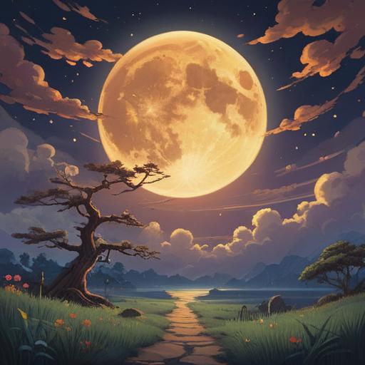 A serene night scene featuring a full moon, luminous and radiant, symbolizing spiritual awakening, surrounded by gentle clouds, soft golden moonlight illuminating a tranquil landscape, traditional Japanese elements like cherry blossoms and lanterns, reflecting cultural significance of the Mid-Autumn Festival, peaceful atmosphere, harmony with nature, 4k