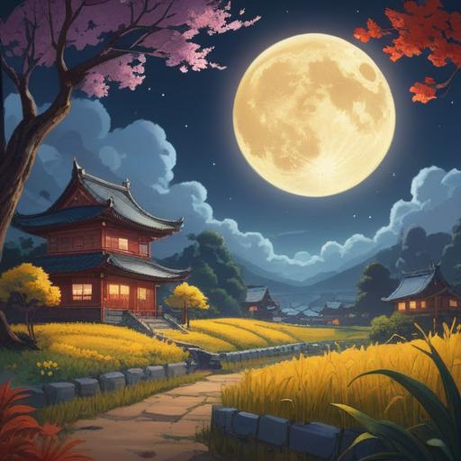A serene illustration of the Mid-Autumn Festival, a glowing full moon surrounded by gentle clouds, a tranquil landscape with lush rice fields, traditional lanterns floating in the night sky, people celebrating with mooncakes and tea, an aura of spiritual significance, vibrant colors, harmonious atmosphere, detailed cultural elements, 4k