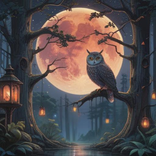 A serene night scene featuring a full moon illuminating a mystical forest, ethereal glowing orbs floating in the air, a wise owl perched on a branch under the moonlight, subtle signs of nature reacting to the moon's energy, a feeling of calm and reflection, deep shadows, soft light contrast, spiritual symbols subtly integrated in the environment, 4k