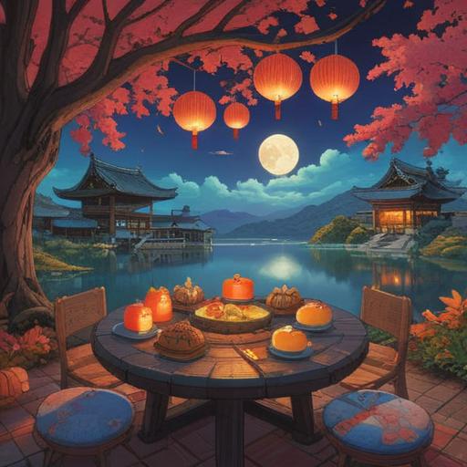 A serene autumn night scene, a bright full moon illuminating the landscape, traditional Japanese elements, a table set with mooncakes and tea, bamboo and maple trees in the background, gentle breeze, peaceful atmosphere, symbols of good luck and prosperity, rich colors, intricate details, 4k