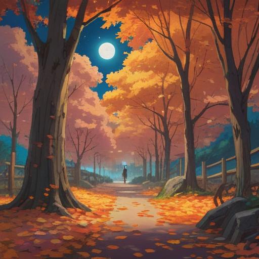 A serene autumn landscape after the Mid-Autumn Festival, full moon casting a gentle glow, golden leaves scattered on the ground, a tranquil pond reflecting the moonlight, a silhouette of a person contemplating, warm and peaceful atmosphere, rich emotional depth, 4k