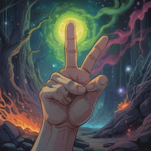 A spiritual illustration depicting an outstretched middle finger, rough and weathered texture, symbolic representation of defiance and empowerment, mystical energy surrounding the hand, celestial motifs in the background, contrasting light and shadow, vibrant colors, abstract patterns, deep meaning, fine details, 4k