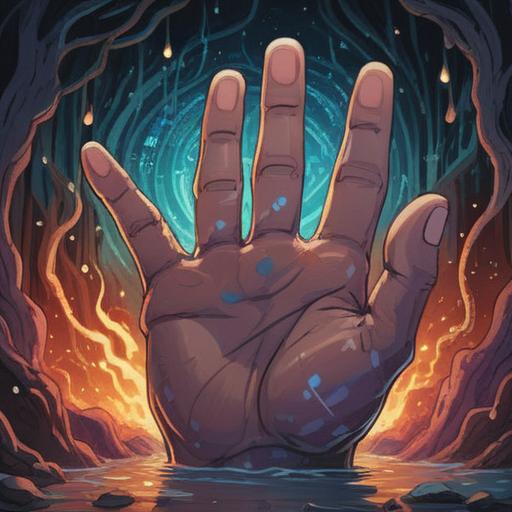 A mystical illustration depicting a hand with a clear view of a mole on the middle finger, surrounded by ethereal light, symbolic representations of spiritual growth and transformation, calming background elements, hints of nature like flowers and butterflies, reflective mood, 4k