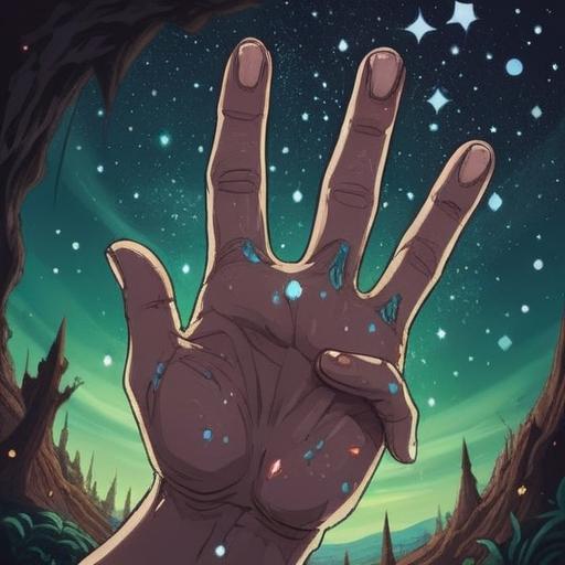 A mysterious and surreal illustration, featuring a hand with a prominent mole on the middle finger, surrounded by symbolic elements like stars and mystical patterns, focusing on the spiritual significance of sudden changes, soft ethereal colors, an otherworldly atmosphere, intricate details highlighting the connection to intuition and guidance, 4k