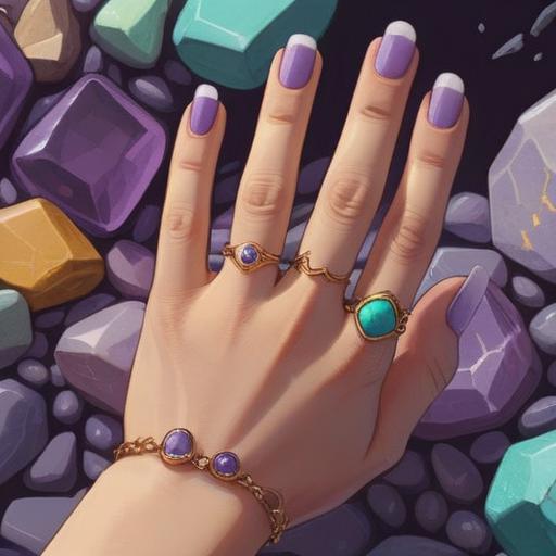A detailed illustration of a person's hand showcasing a noticeable mole on the middle finger, surrounded by various lucky stones like amethyst and turquoise, a mystical aura emanating from the stones, soft natural lighting, a serene setting, a sense of hope and transformation, vibrant colors, artistic style, 4k