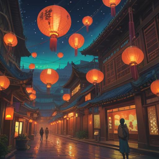 A futuristic cityscape infused with traditional Chinese architecture, luminous lanterns floating in the sky, ethereal energy swirling around, ancient symbols glowing softly, a harmonious blend of technology and spirituality, serene atmosphere, people meditating amidst the vibrant landscape, vibrant colors, detailed background, 4k
