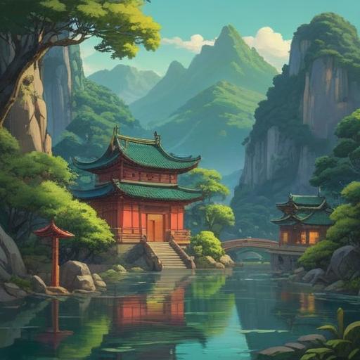 A serene landscape depicting the spiritual signs influenced by China, lush green mountains in the background, a tranquil river flowing, traditional Chinese elements like pagodas and koi fish, soft ethereal light illuminating the scene, symbols of harmony and peace, vibrant flora, an aura of enlightenment, 4k