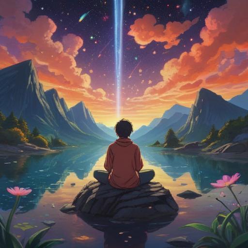 A serene landscape depicting a person meditating under a celestial sky, glowing constellations and ethereal lights representing spiritual signs, gentle nature, vibrant colors, a sense of tranquility and introspection, symbols of guidance, interconnectedness with the universe, 4k