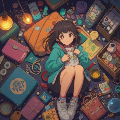 A colorful flat lay of second-hand clothing items, various lucky accessories like charms and talismans scattered around, vibrant textures and patterns, a cozy atmosphere with natural light, showcasing unique styles and eco-friendly fashion, emphasizing positivity and good fortune, 4k