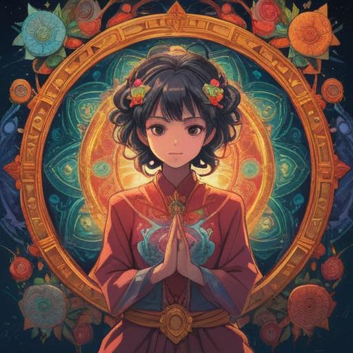 A androgynous figure surrounded by ethereal light, serene expression, elements of spirituality like aura and mandalas, nature background with soft flora, calming colors, embodiment of balance and harmony, mystical energy emanating, reflective atmosphere, 4k