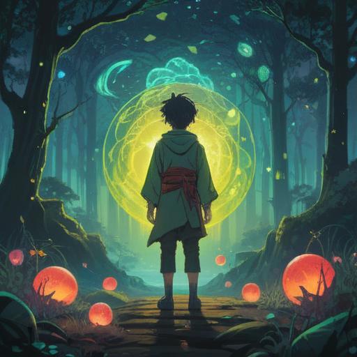 A androgynous figure standing in a serene landscape, surrounded by glowing orbs representing spiritual signs, ethereal light illuminating the scene, delicate facial features with a calm expression, nature elements like trees and flowers symbolizing harmony, mystical symbols in the background, tranquil atmosphere, dreamlike quality, 4k