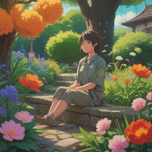 A androgynous person sitting in a peaceful garden, surrounded by blooming flowers and gentle sunlight, practicing mindfulness with closed eyes, serene expression, soft breeze playing with their hair, calming colors, tranquil atmosphere, nature's beauty, 4k