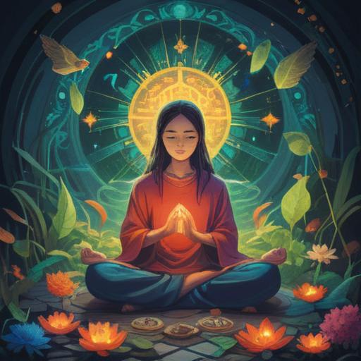A serene illustration depicting a person in meditation, surrounded by ethereal light, symbols of peace and harmony, vibrant flora representing spiritual growth, soft glowing aura, an open sky suggesting freedom from negative energies, calming atmosphere, rich details conveying a sense of enlightenment, gentle colors, 4k