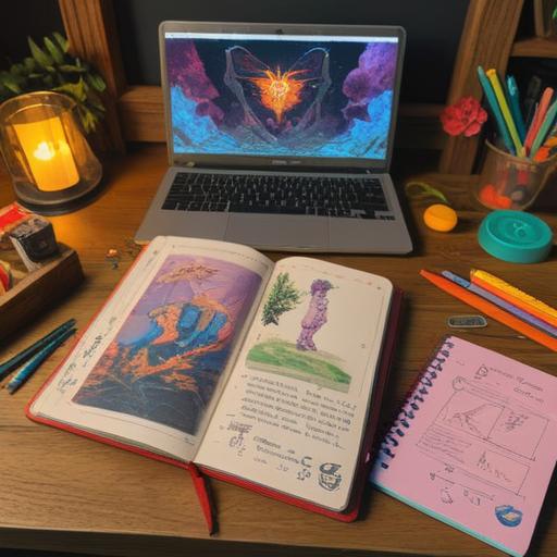 A harmonious collection of various objects and elements, organized neatly on a wooden desk, an open notebook with handwritten notes, colorful post-it notes scattered, a steaming cup of coffee, a laptop displaying charts and graphs, soft morning light streaming through a window, inviting and productive atmosphere, 4k