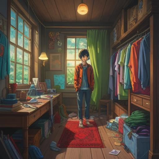 A serene and contemplative scene, a person surrounded by unworn clothes hanging in a soft-lit room, spiritual symbols subtly integrated into the fabric, ethereal glow illuminating the space, representing the weight of choices and unexpressed self, introspective atmosphere, harmonious blend of color and texture, 4k