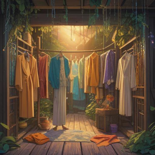 A serene illustration depicting an ethereal wardrobe filled with clothes hanging gracefully, soft golden light illuminating the garments, symbols of spiritual growth and positive energy woven into the fabric, surrounded by a tranquil natural setting, butterflies representing transformation fluttering nearby, gentle breeze suggesting change and new beginnings, 4k