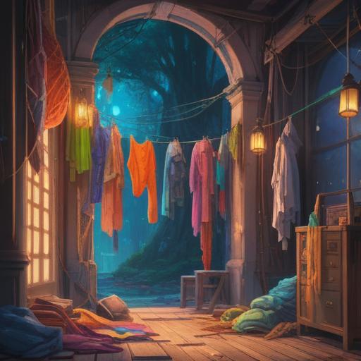 An intriguing scene featuring a collection of colorful, unworn clothes hanging on a line, ethereal light illuminating the garments, subtle spiritual symbols floating around, gentle breeze creating a sense of movement, serene background with soft pastel colors, mystical aura surrounding the clothes, reflective mood, captivating details, 4k