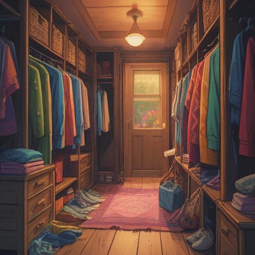 A whimsical scene depicting a closet filled with vibrant, colorful clothes, ethereal light shining down, a person joyfully discovering a lucky item among the garments, a sense of transformation and positivity in the atmosphere, detailed textures on the fabric, smiling expressions, soft pastel tones, an uplifting and magical vibe, 4k