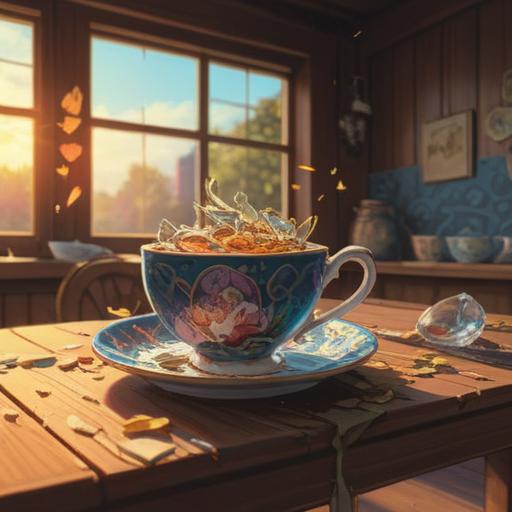 A broken teacup symbolizing spiritual transformation, shards scattered on a wooden table, sunlight filtering through a window, a serene and reflective atmosphere, gentle reflections on the pieces, soft shadows creating depth, warm color palette, capturing the essence of impermanence, a delicate balance between beauty and fragility