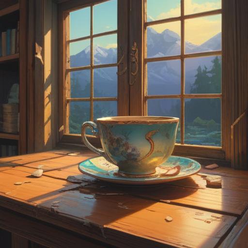 A serene, spiritual scene depicting a cracked teacup on a wooden table, warm sunlight filtering through a window, subtle reflections of light illuminating the shards, gentle steam rising from a nearby teapot, symbols of good fortune like lucky charms surrounding the teacup, a peaceful atmosphere suggesting renewal and positive transformation, vibrant colors, harmonious balance, inviting composition, 4k