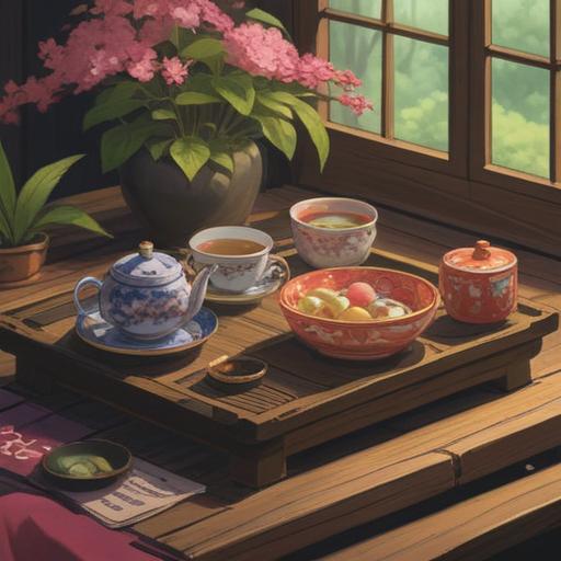 A serene scene depicting a traditional Japanese tea ceremony, a fragile teacup teetering on the edge of a wooden table, subtle energy waves radiating from the cup, a gentle aura surrounding the tea, symbols of mindfulness and awareness in the background, soft sunlight filtering through shoji screens, ethereal qualities, a sense of caution and reflection, warm earthy tones, 4k